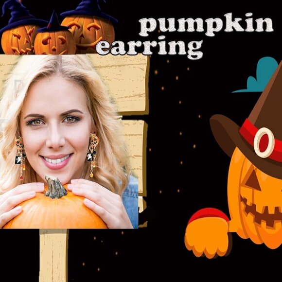 Women Orange Halloween Pumpkin Long Tassels Smiling Face Drop Earrings Jewelry - Picture 5 of 7